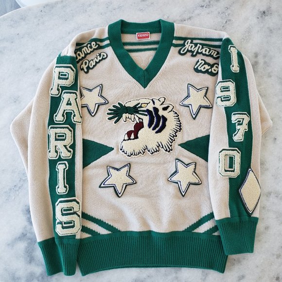 NWOT Kenzo Paris Tiger Intarsia wool V-Neck Sweater Beige/Green - Picture 2 of 5